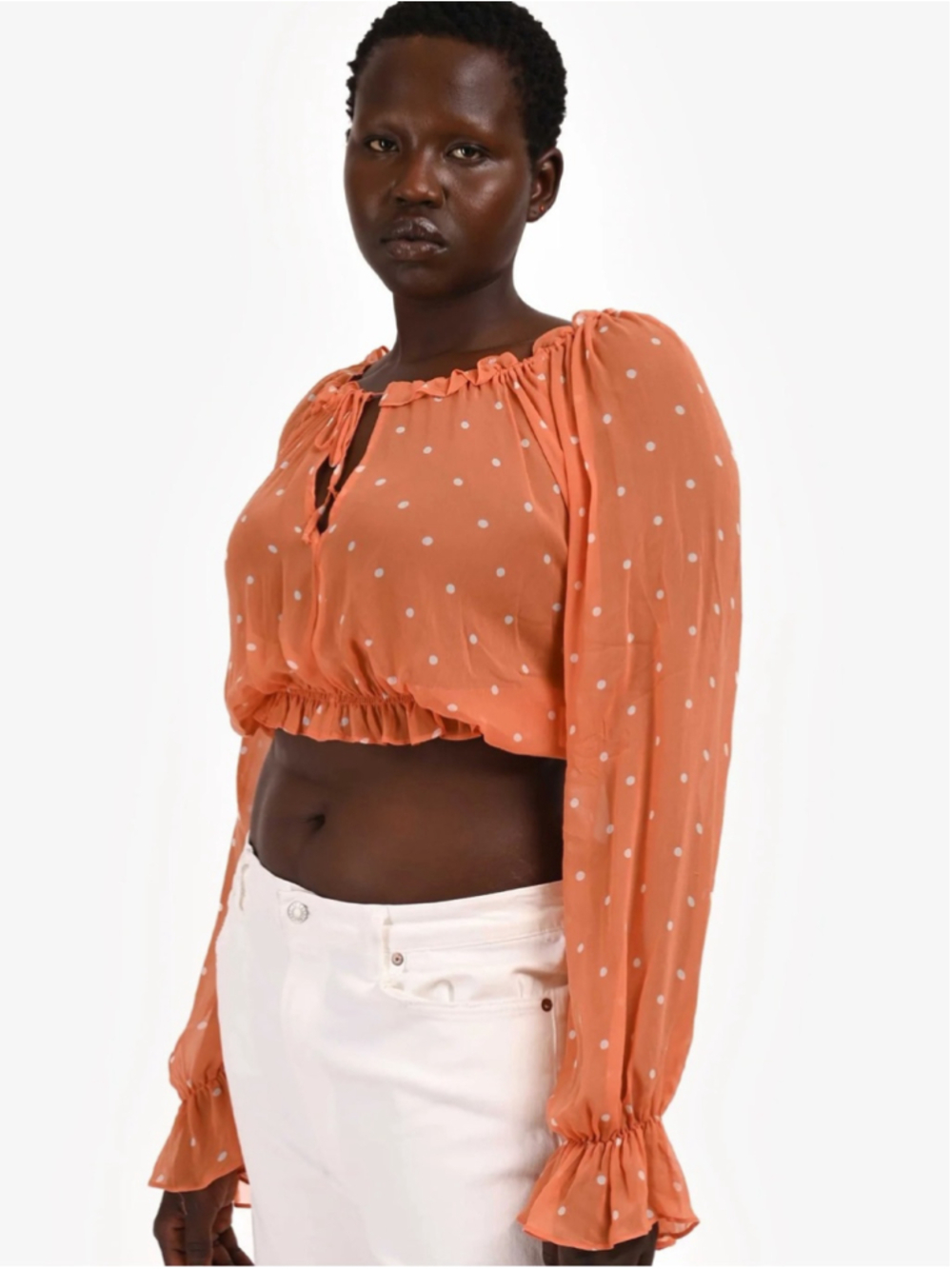 For Love & Lemons Orange/White Polka Dot Sheer Long Sleeve Crop Blouse Sz Large